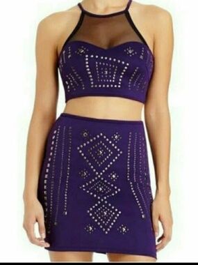 Bebe 2b purple black mesh studded embellished crop top skirt dress s